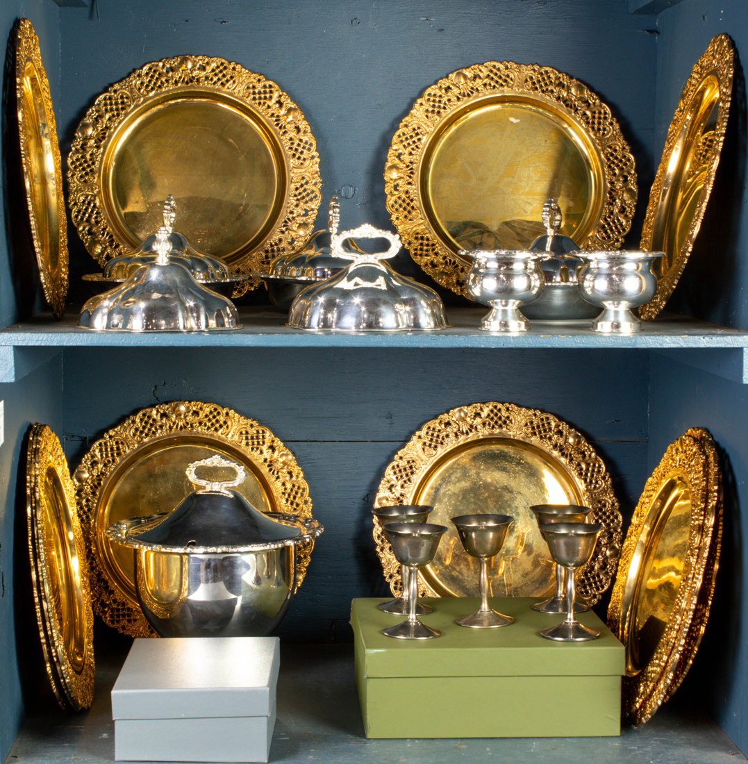TWO SHELVES OF SILVER PLATE AND