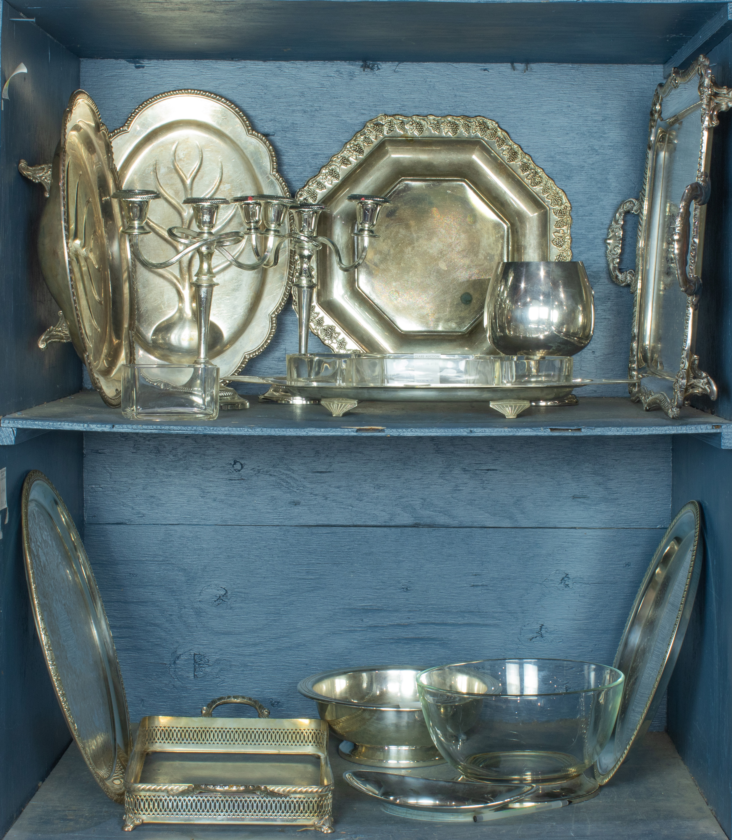 TWO SHELVES OF SILVERPLATE: A
