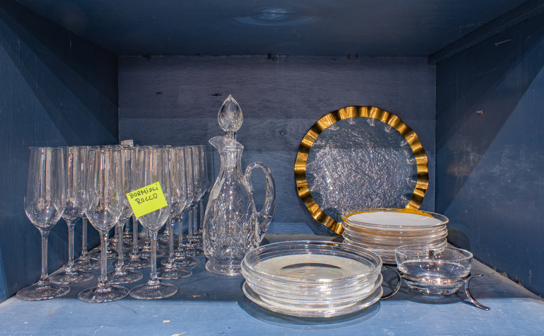 TWO SHELVES OF STEMWARE AND OTHER