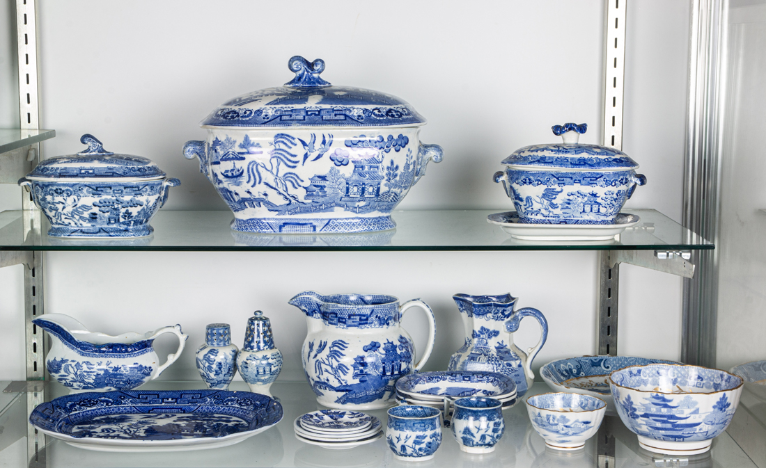 TWO SHELVES OF VINTAGE BLUE