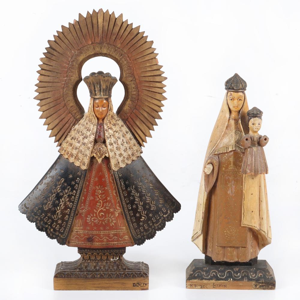 TWO SIGNED CARVED AND POLYCHROMED