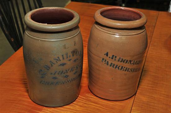 TWO SIGNED STONEWARE CROCKS. Both