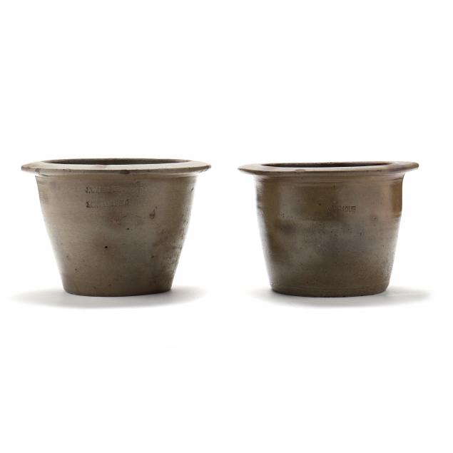 TWO SIGNED TEAGUE MILK CROCKS,