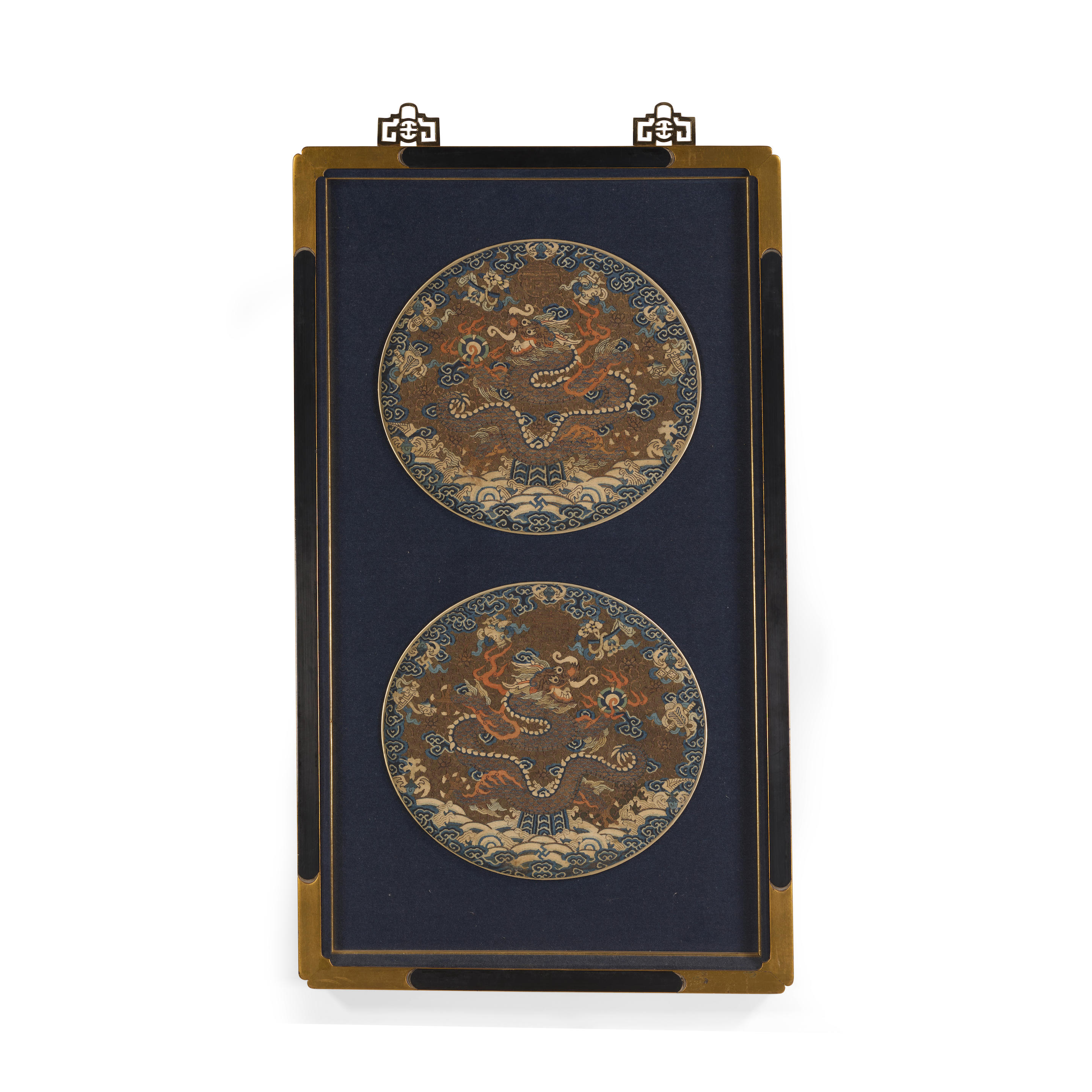 TWO SILK KESI 'DRAGON' ROUNDELS