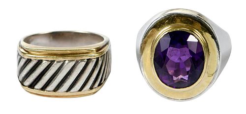 TWO SILVER AND 18KT. RINGS, ONE