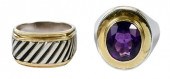 TWO SILVER AND 18KT. RINGS, ON
