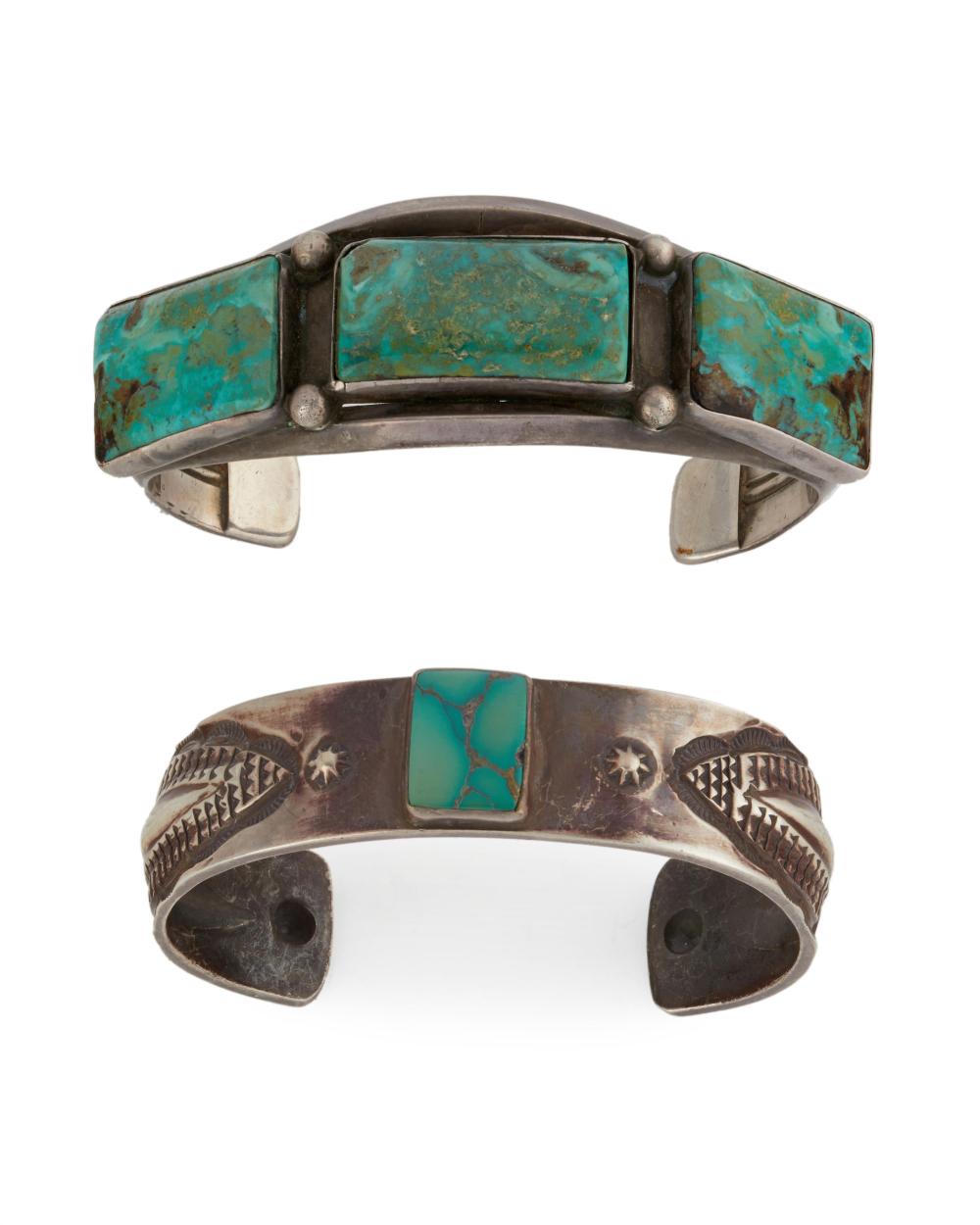 TWO SILVER AND TURQUOISE CUFF
