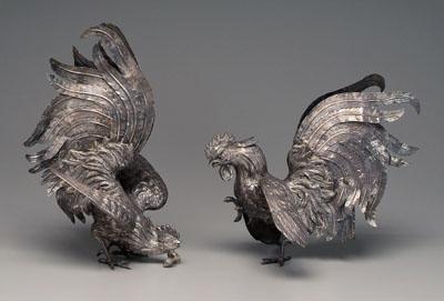 Two silver plate roosters: cocks in