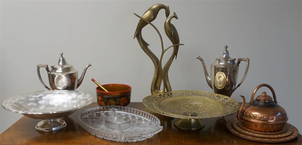TWO SILVER PLATE TEAPOTS, BRASS