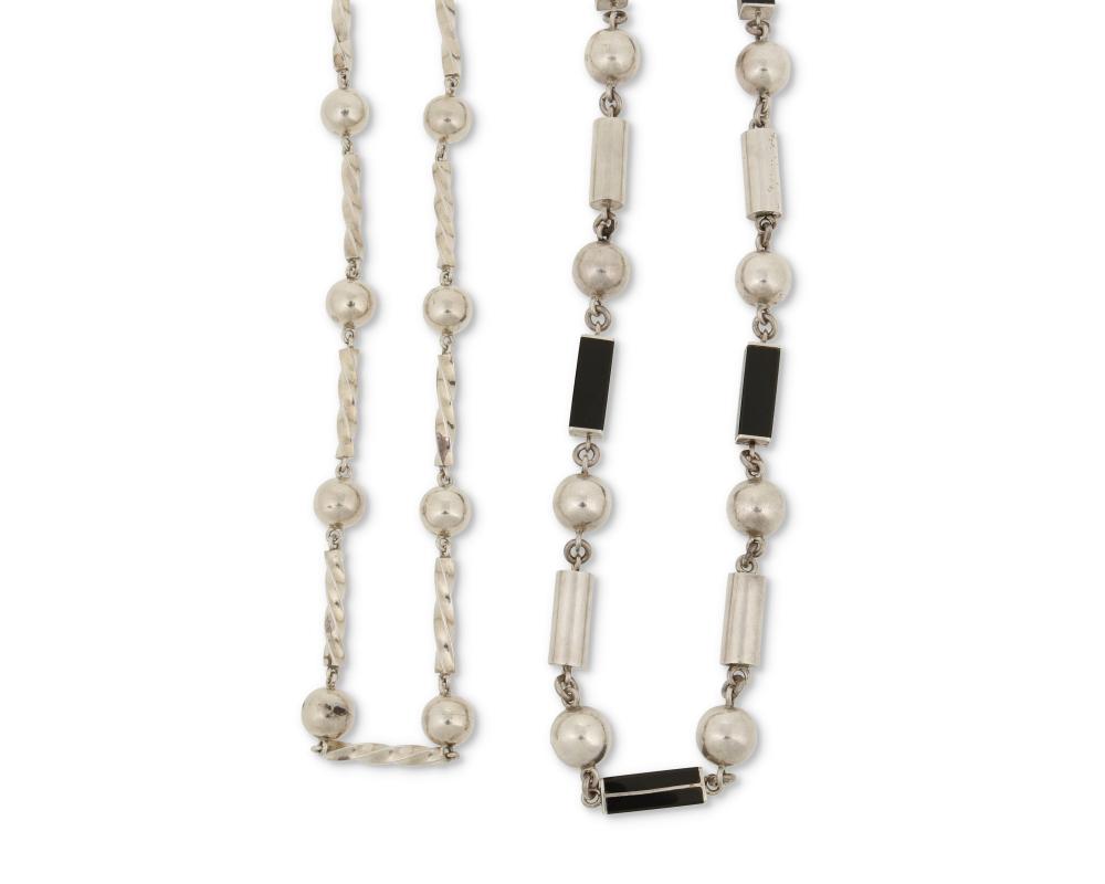 TWO SILVER SAUTOIR NECKLACESTwo