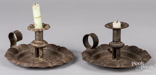 TWO SIMILAR TIN CHAMBERSTICKS, 19TH