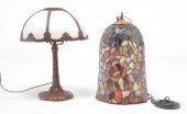 TWO SLAG GLASS LAMPS. American