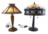 TWO SLAG GLASS LAMPS: ONE ARTS