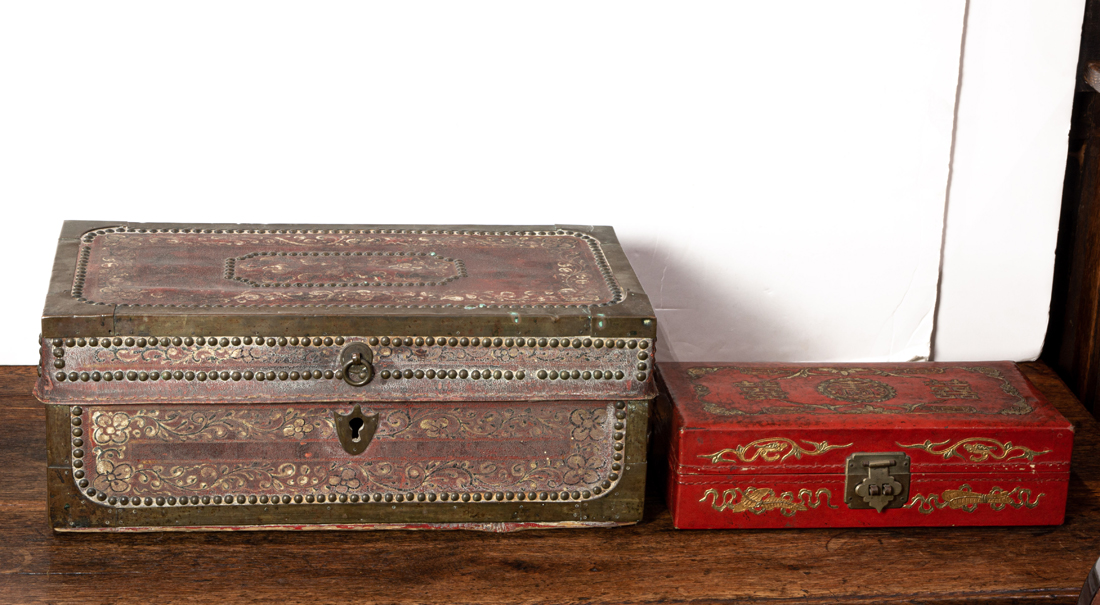 TWO SMALL ASIAN PIG SKIN BOXES, THE