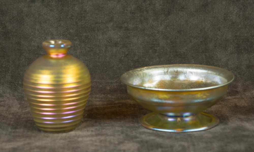 TWO SMALL GOLD IRIDESCENT ART GLASS
