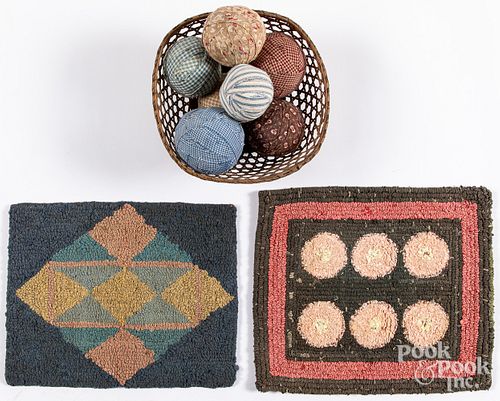 TWO SMALL HOOKED RUGS, A BASKET AND