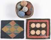 TWO SMALL HOOKED RUGS, A BASKE