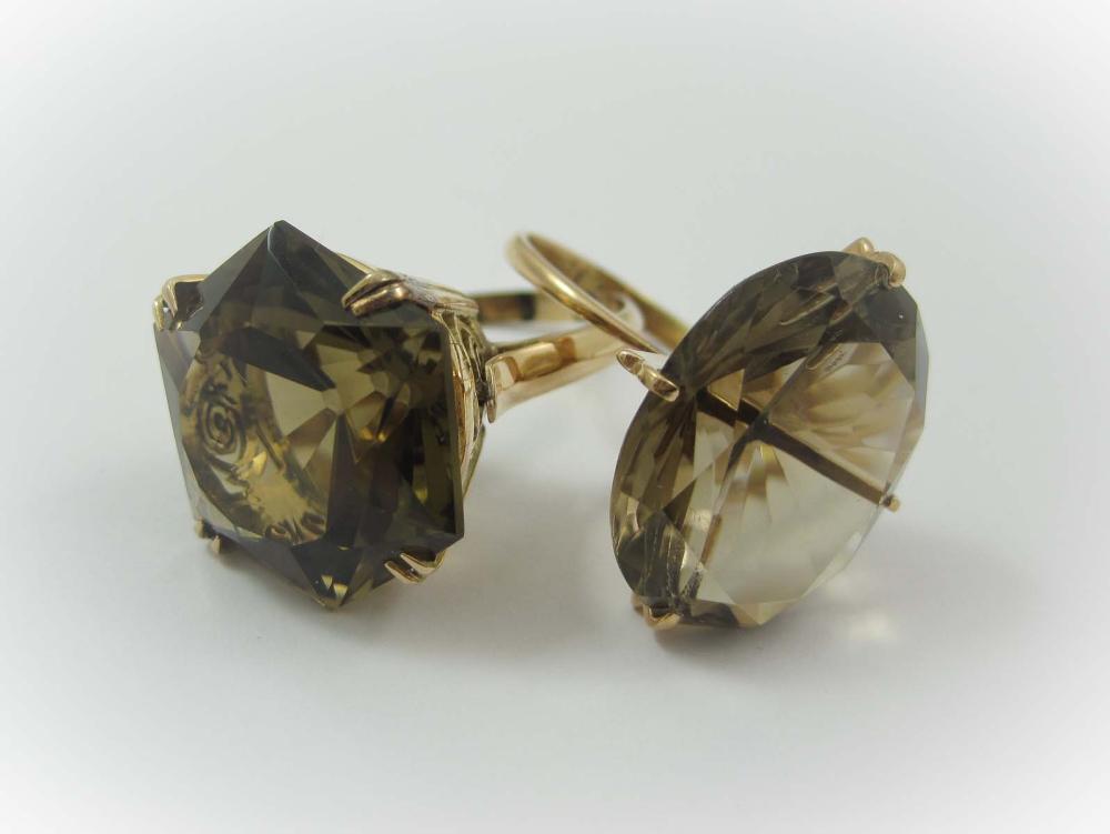 TWO SMOKY QUARTZ AND FOURTEEN KARAT