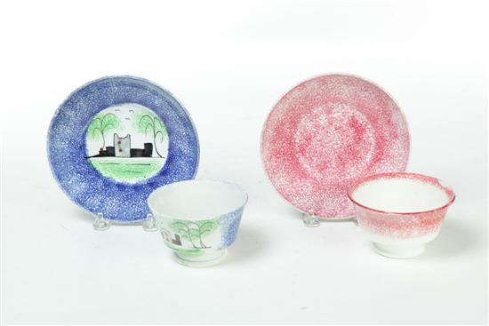 TWO SPATTERWARE HANDLELESS CUPS AND