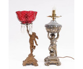 TWO SPELTER METAL CHERUB LAMPS