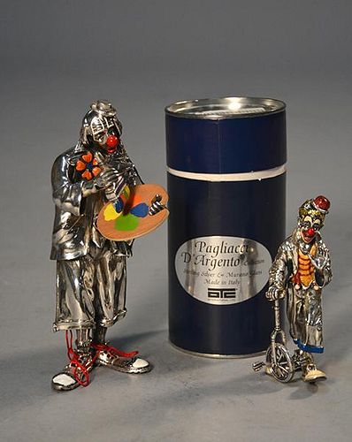 TWO STERLING AND ENAMEL CLOWNS BY