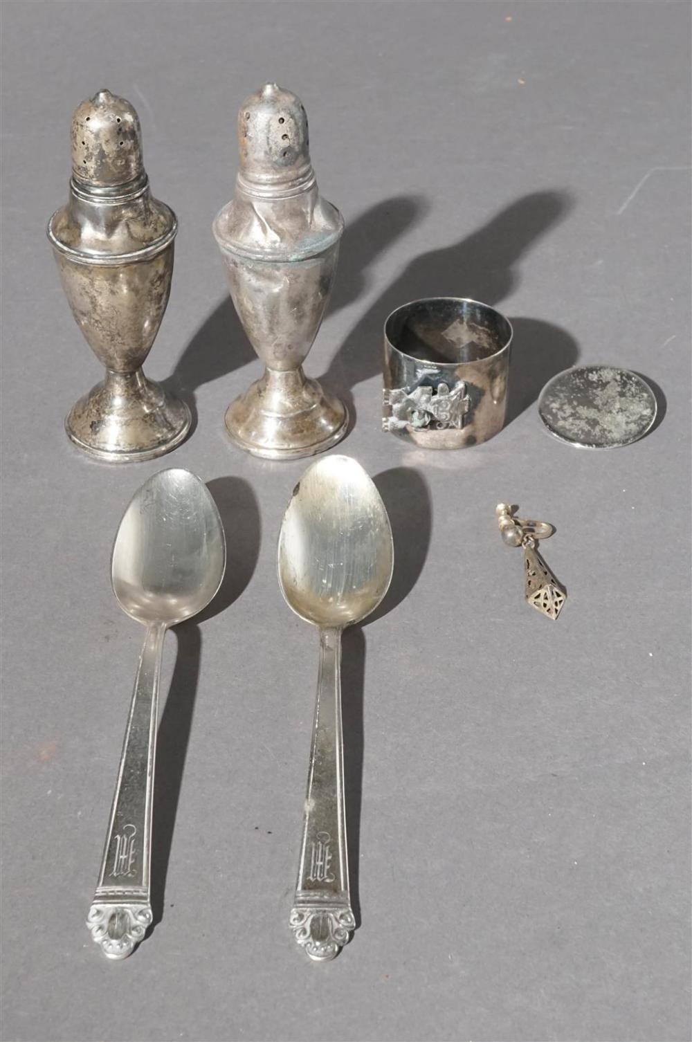 TWO STERLING TEASPOONS, PIN,
