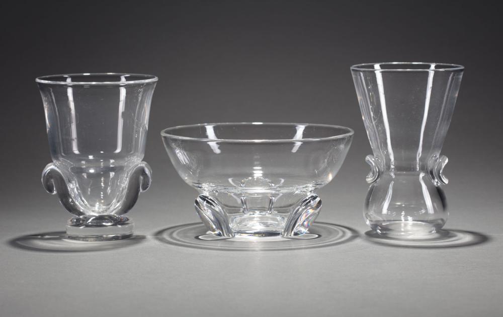 TWO STEUBEN GLASS VASES AND A