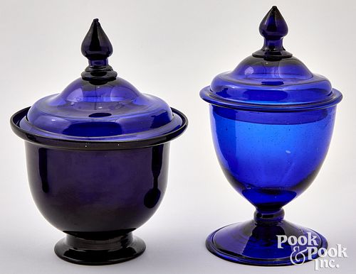 TWO STIEGEL COBALT GLASS COVERED