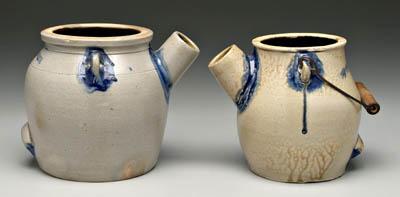 Two stoneware batter pitchers, both