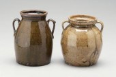 Two stoneware beanpots: one ov