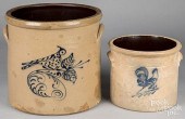 TWO STONEWARE BIRD CROCKS, 19T
