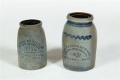 ***TWO STONEWARE CANNING JARS.