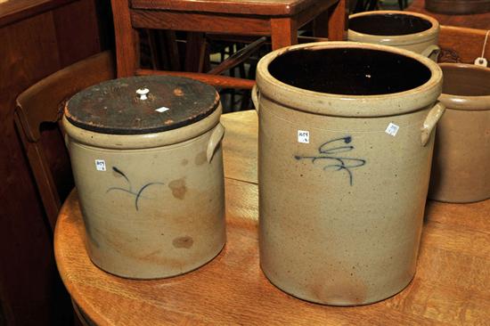 TWO STONEWARE CROCKS A cobalt swirl