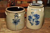 TWO STONEWARE CROCKS. A cobalt