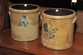 TWO STONEWARE CROCKS. A three