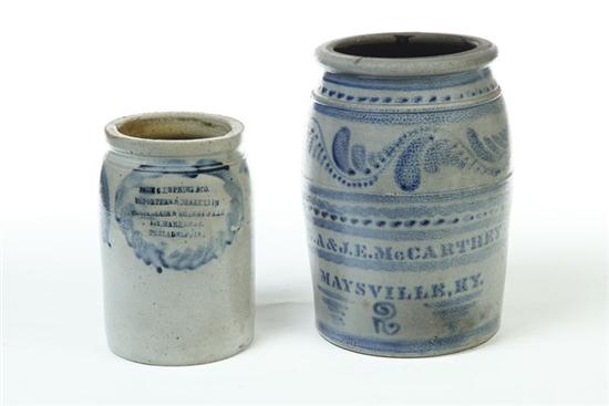 TWO STONEWARE CROCKS.  American 