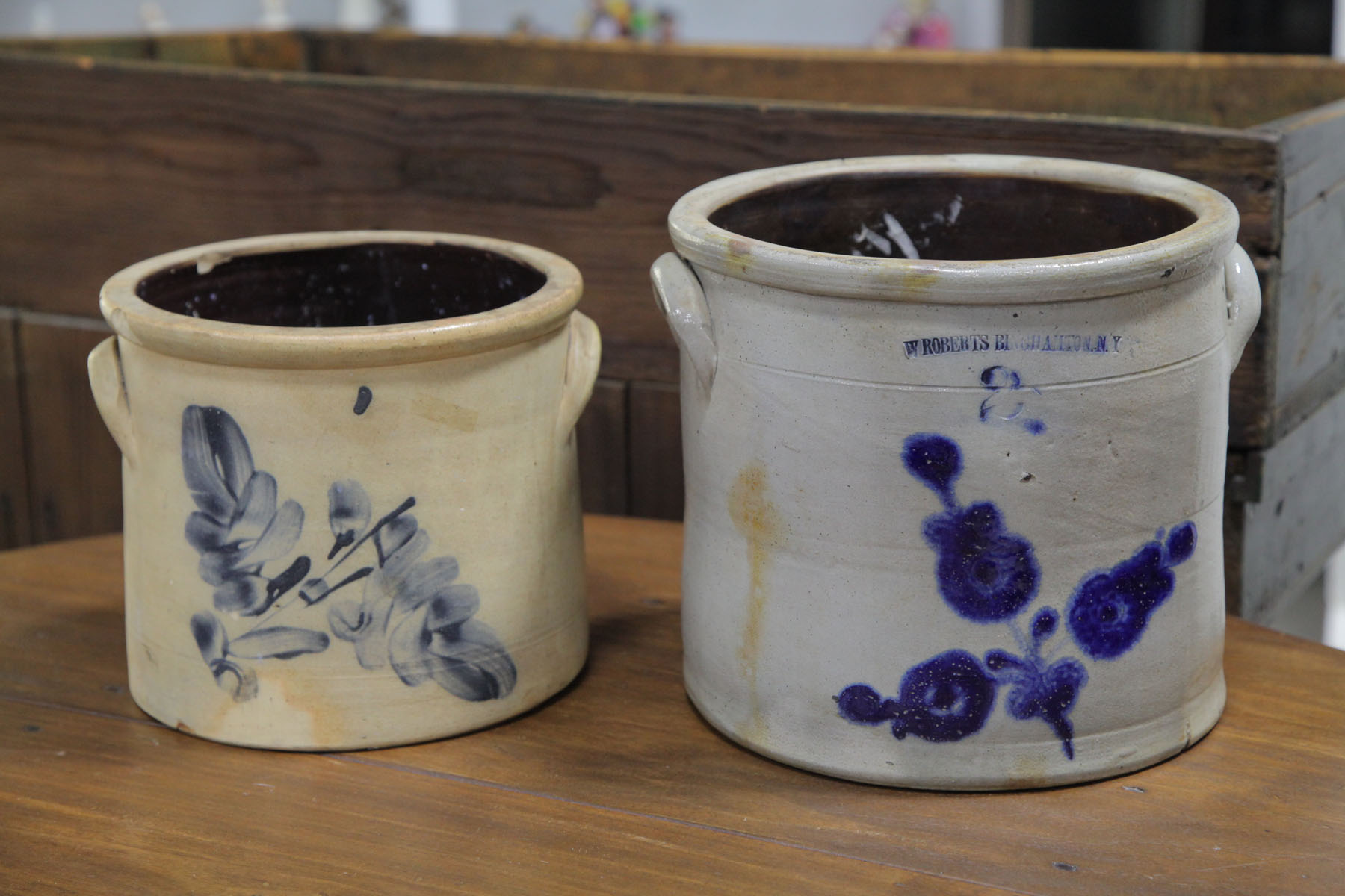 TWO STONEWARE CROCKS.  American 