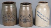 TWO STONEWARE CROCKS AND A HAN