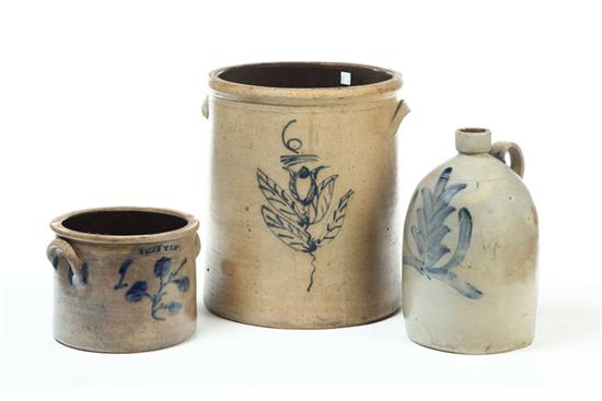 TWO STONEWARE CROCKS AND JUG. 