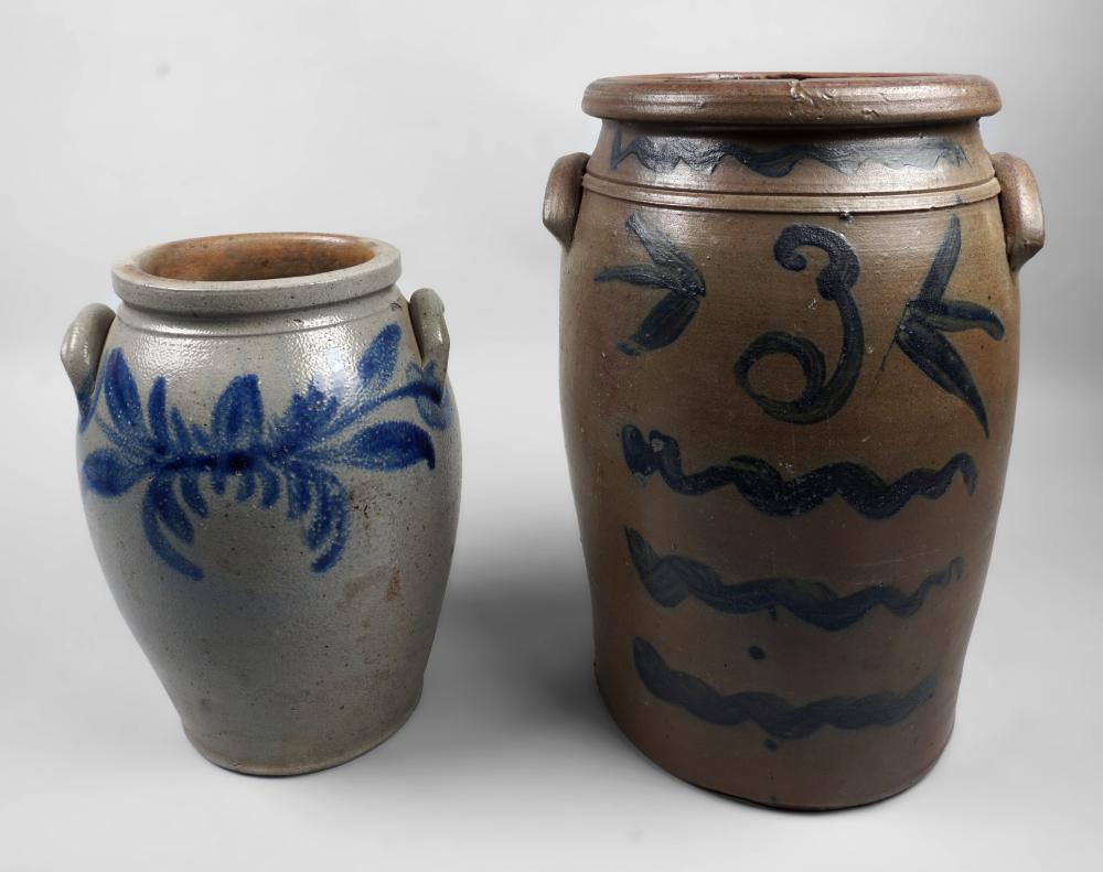 TWO STONEWARE CROCKS HEIGHT OF