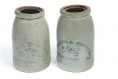 TWO STONEWARE JARS.  American