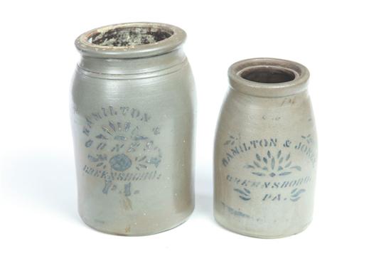 TWO STONEWARE JARS.  American 