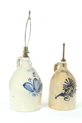 TWO STONEWARE JUG LAMPS.  Both