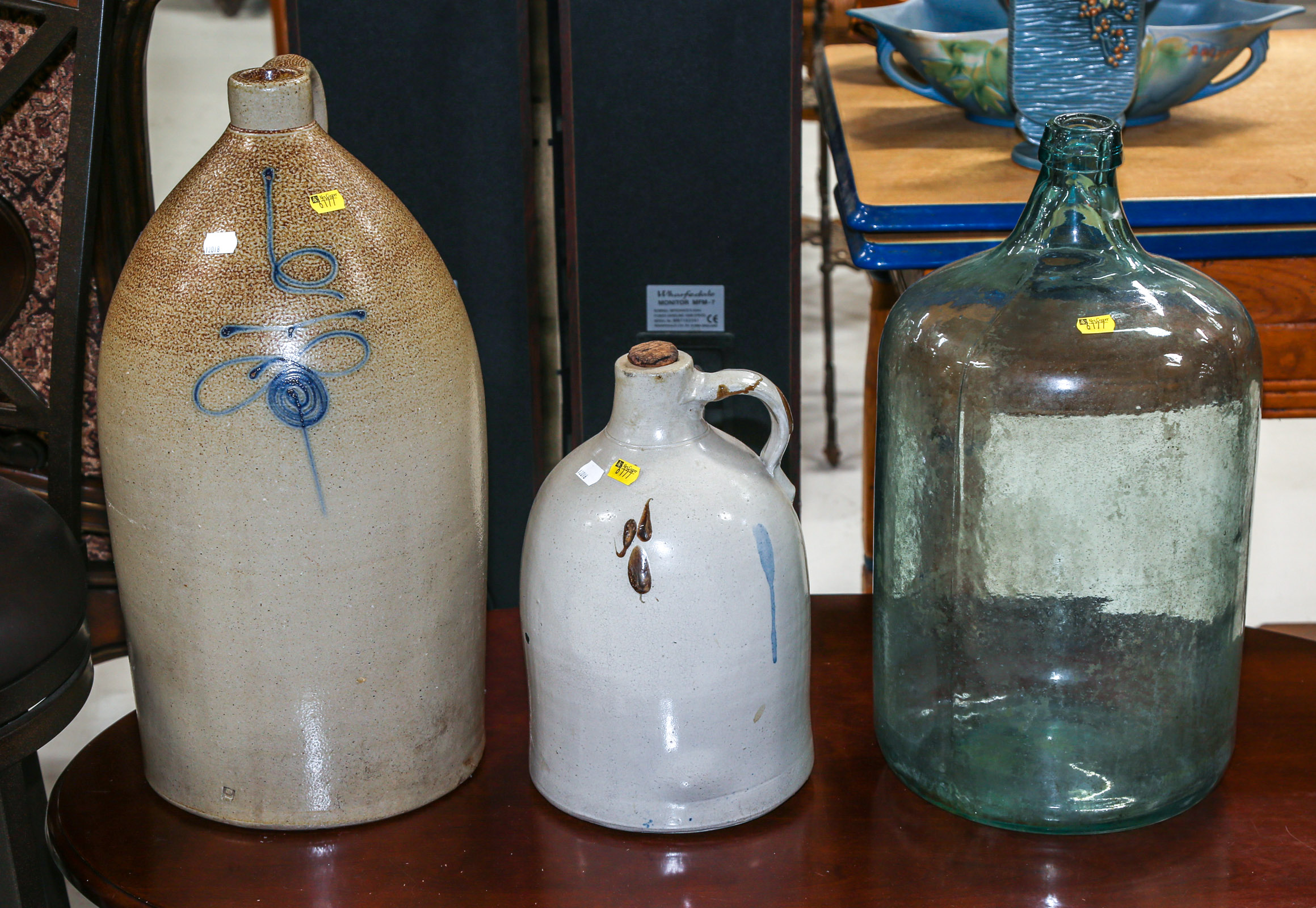 TWO STONEWARE JUGS & A GLASS