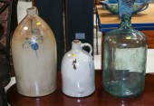 TWO STONEWARE JUGS & A GLASS D
