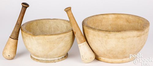 TWO STONEWARE MORTAR AND PESTLESTwo