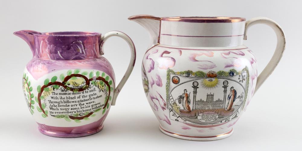 TWO SUNDERLAND PINK LUSTREWARE JUGS