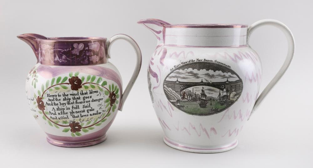 TWO SUNDERLAND PINK LUSTREWARE JUGS