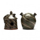 TWO SWIRL POTTERY PIECES, BURL