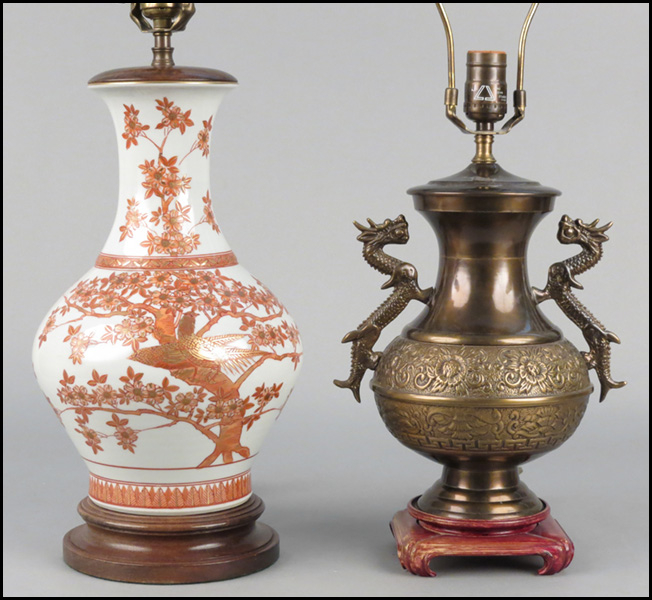 TWO TABLE LAMPS. Gold and red